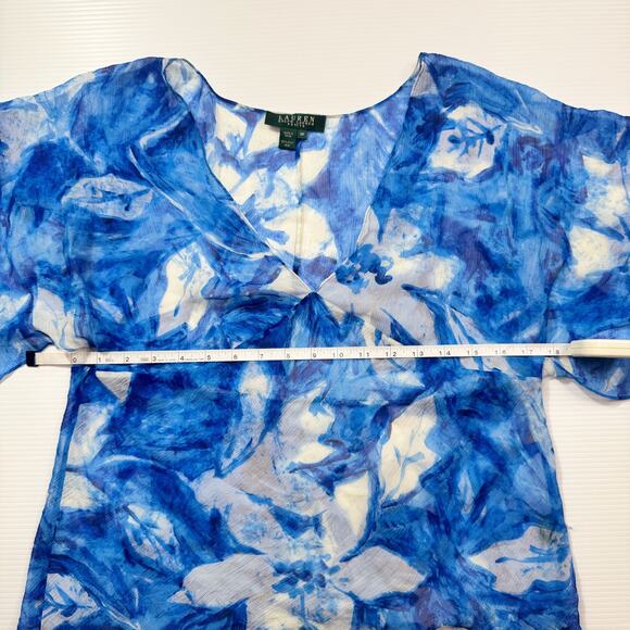 Lauren Ralph Lauren Silk Blue Floral Blouse Women's 10P Petite Coastal Cruise - Picture 10 of 16